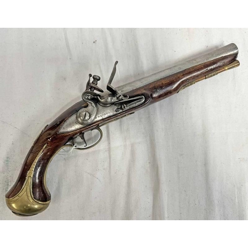 1498 - 18TH CENTURY FLINTLOCK OFFICERS PISTOL BY BENJAMIN BROOKE LONDON, 22CM LONG STEEL BARREL FAINTLY ENG... 