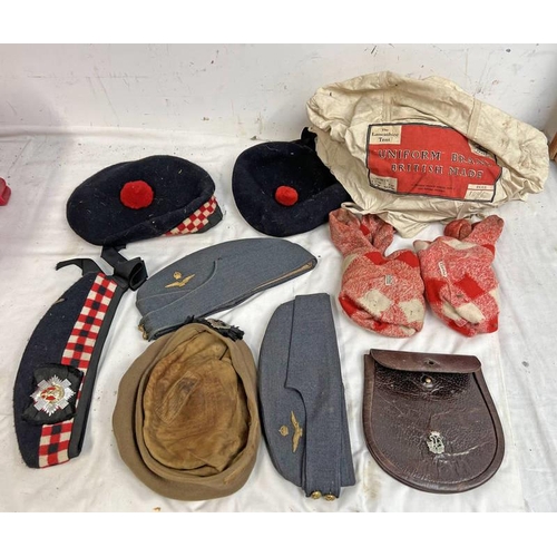 1516 - WW2 RAF HATS, GLENGARRYS, LEATHER SPORRAN, SOCKS, ETC