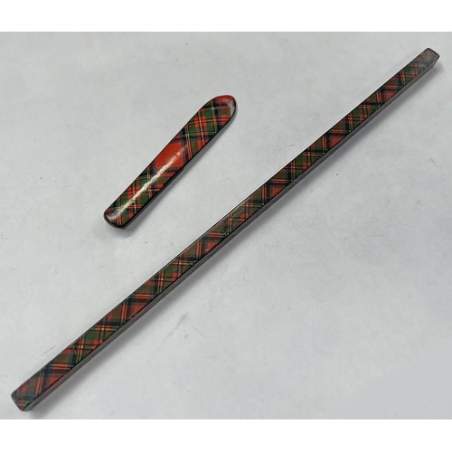 1530 - MAUCHLINE TARTAN WARE PAGE MARKER, STUART TARTAN - 11CM LONG, AND RULE, PRINCE CHARLIE TARTAN 30.3CM... 