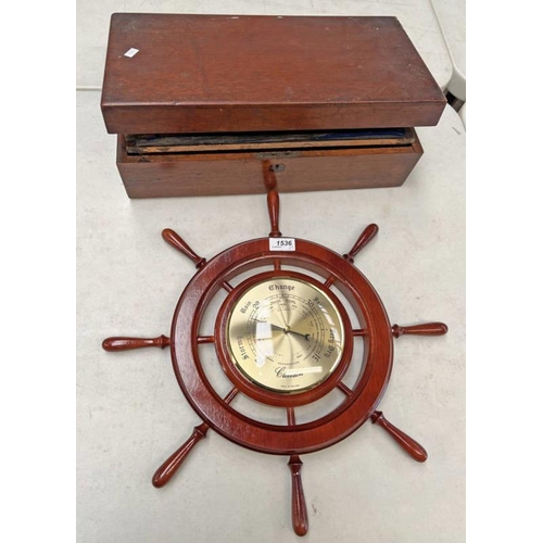 1536 - CLEVEDON SHIPS WHEEL BAROMETER & AN EARLY 20TH CENTURY MAHOGANY WRITING SLOPE -2-