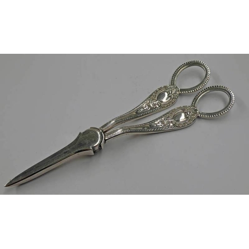 154 - PAIR OF VICTORIAN SILVER GRAPE SCISSORS, THE HANDLES WITH FEATHER EDGE DECORATION, SHEFFIELD 1888