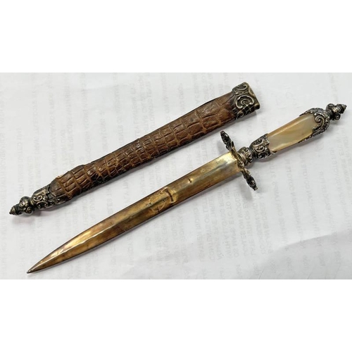 1540 - LATE 19TH CENTURY ITALIAN STYLE WHITE METAL & MOTHER OF PEARL LETTER OPENER WITH RUBBED MARKINGS TO ... 