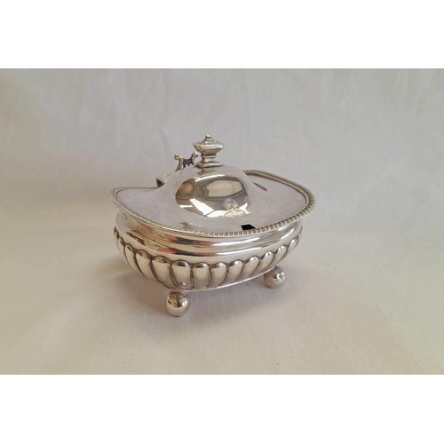 155 - GEORGE III SILVER MUSTARD POT WITH PART FLUTED DECORATION ON 4 BALL SUPPORTS BY EDE & HEWAT, LONDON ... 