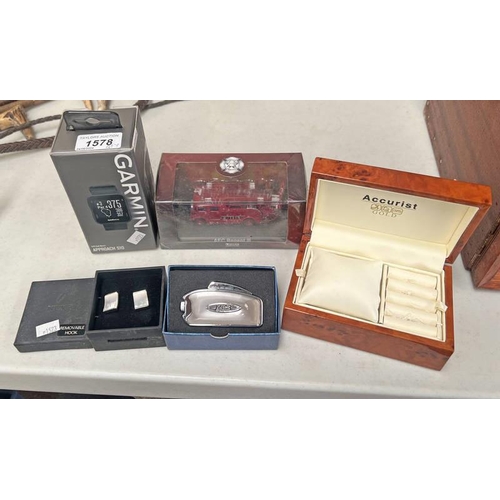 1578 - GARMIN GPS GOLF WATCH APPROACH S10, ATLAS EDITIONS FIRE ENGINE IN BOX, CUFF LINKS ETC.