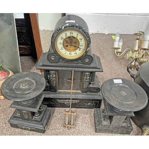 1583 - 19TH CENTURY 3 PIECE MARBLE CLOCK GARNITURE WITH PAIR OF URNS, METAL MOUNTS & MERCURY PENDULUM, 49CM... 