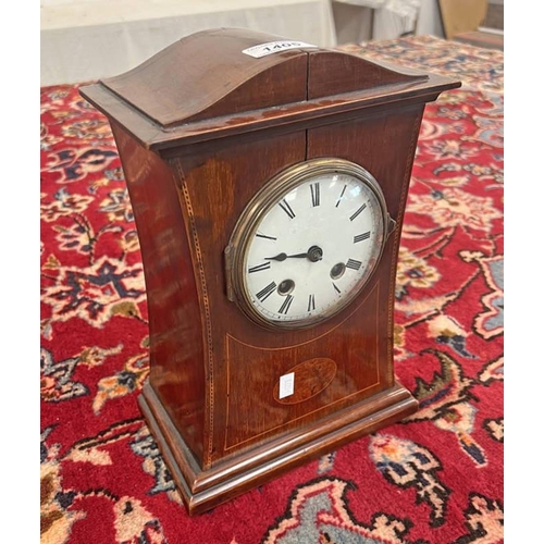 1596 - LATE 19TH OR EARLY 20TH CENTURY INLAID MAHOGANY MANTLE CLOCK WITH CROSS ARROWS, MAKERS MARK TO WORKS... 