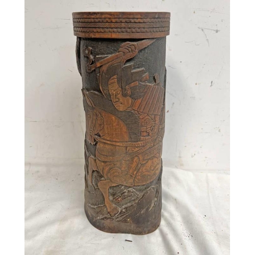 1606 - LATE 19TH OR EARLY 20TH CENTURY JAPANESE BAMBOO VASE DECORATED WITH A  WARRIOR ON HORSEBACK, 37.5CM ... 