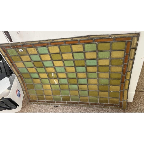 1614 - LEADED GLASS PANEL WITH COLOURED GLASS INSERTS,  116CM X 78 CM