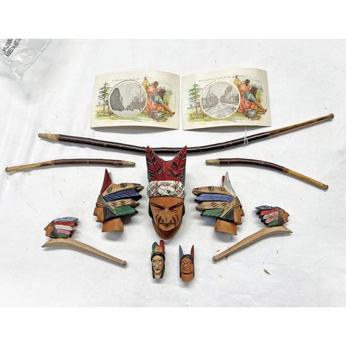 1622 - COLLECTION OF EDWARDIAN CANADIAN CARVED POLY CHROME NATIVE AMERICAN PIPES & 2 PERIOD POSTCARDS