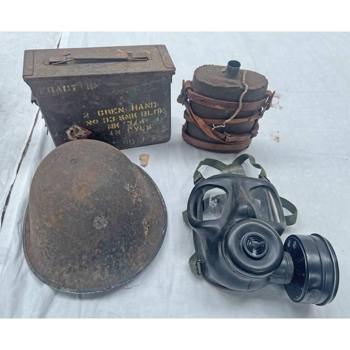 1630 - BRITISH TURTLE HELMET, GAS MASK, CANTEEN & AN AMMO / GRENADE TIN -4-