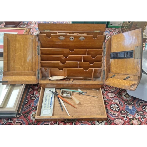 1642 - 19TH CENTURY OAK STATIONARY BOX WITH SECTIONAL INTERIOR & CALENDAR