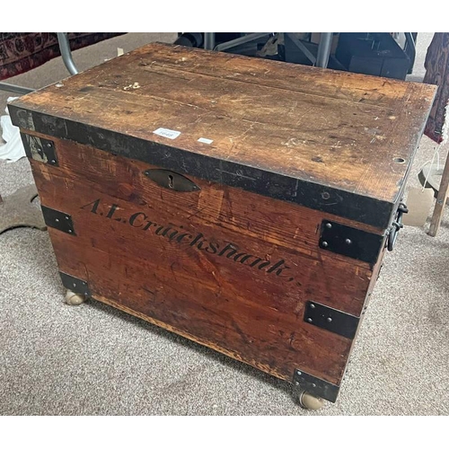 1648 - LATE 19TH OR EARLY 20TH CENTURY METAL BOUND WOODEN TRUNK MARKED A L CRUICKSHANK TO FRONT