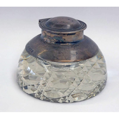 165 - CUT GLASS INKWELL WITH SILVER TOP, BIRMINGHAM 1908