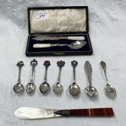 177 - AGATE & MOTHER OF PEARL PAPER KNIFE, 5 SILVER & ENAMEL CRESTED SPOONS, NORWEGIAN SPOON, ETC.