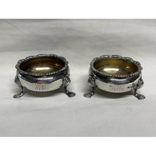 196 - PAIR OF GEORGE II SILVER CIRCULAR SALTS WITH GILT INTERIOR BY I W LONDON 1754 - 105G