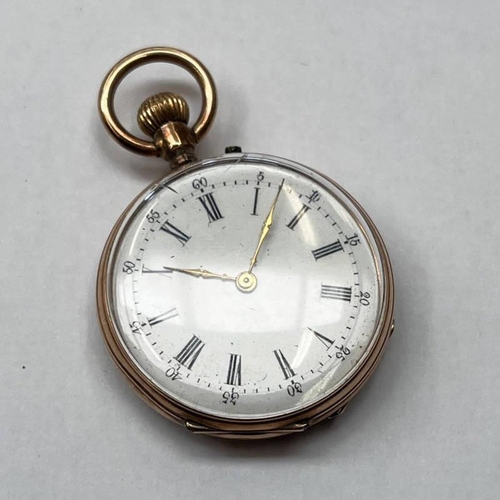 20 - 14K GOLD OPEN FACE FOB WATCH WITH ENAMEL DIAL - 3CM DIAMETER, 24.6G