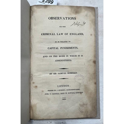 2399 - OBSERVATIONS ON THE CRIMINAL LAW OF ENGLAND, BY SIR SAMUEL ROMILLY - 1810