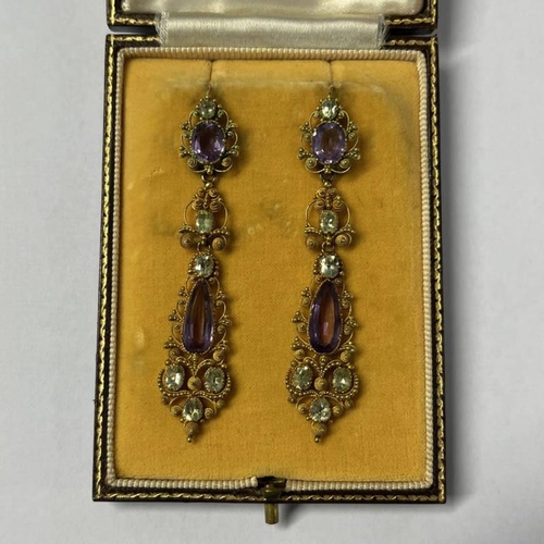 4 - PAIR OF 19TH CENTURY YELLOW METAL CANNETILLE EARDROPS SET WITH PINK TOPAZ & CHRYSOLITE. THE OVAL & P... 