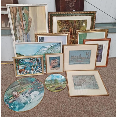 5051F - LARGE SELECTION OF VARIOUS RURAL SCENE PRINTS, SEWN WORK PICTURES. 2 SMALL ATTACHE CASES ETC.