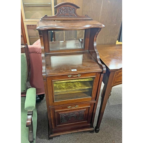 5058 - EARLY 20TH CENTURY MAHOGANY MUSIC CABINET WITH MIRROR BACK & FALL FRONT GLAZED PANEL DOOR WITH CARVE... 