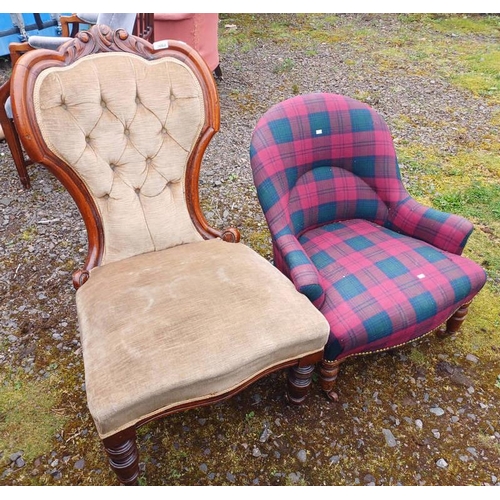 5083 - 19TH CENTURY MAHOGANY FRAMED LADIES CHAIR ON TURNED SUPPORTS & OVERSTUFFED CHAIR WITH TARTAN PATTERN