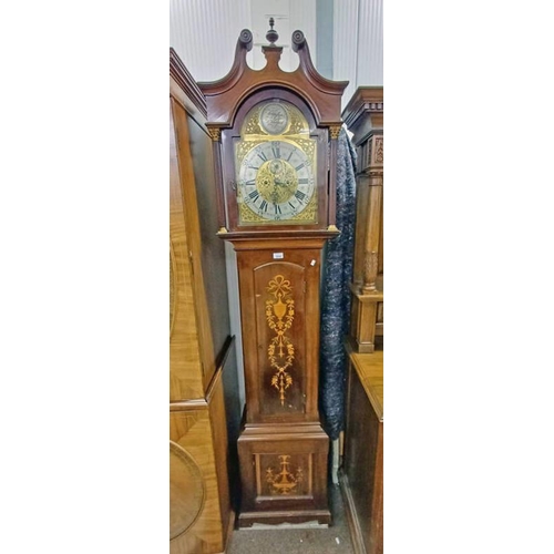 5092 - INLAID MAHOGANY LONGCASE CLOCK WITH BRASS & SILVERED DIAL SIGNED TEMPUS FUGIT