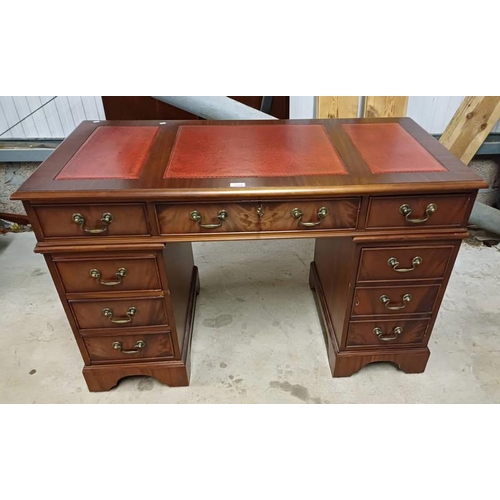 5108 - MAHOGANY TWIN PEDESTAL DESK WITH LEATHER INSET TOP & 3 FRIEZE DRAWERS OVER PANEL DOOR & 3 DRAWERS
