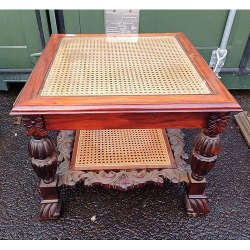 5111 - MAHOGANY SQUARE LAMP TABLE WITH BERGERE PANEL UNDERSHELF & CARVED SUPPORTS - 55CM TALL