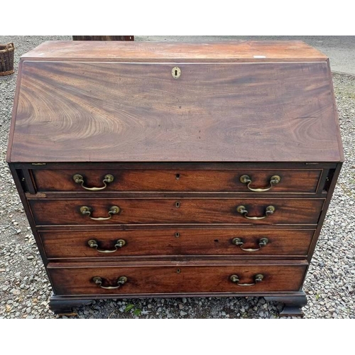 5113 - 19TH CENTURY MAHOGANY BUREAU WITH FALL FRONT OPENING TO FITTED INTERIOR OVER 4 GRADUATED DRAWERS.  1... 