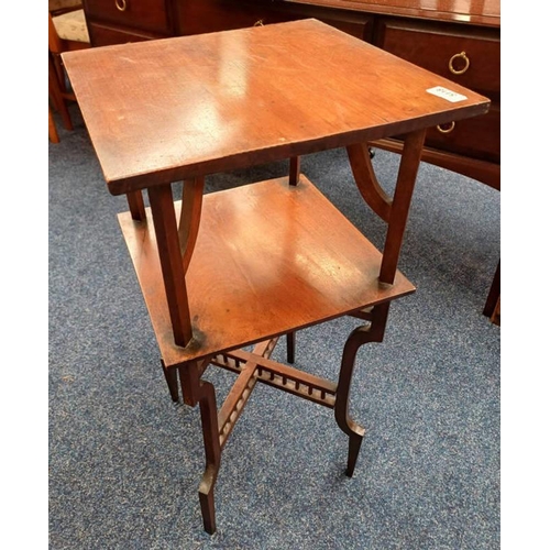 5118 - ARTS & CRAFTS STYLE MAHOGANY TABLE WITH SQUARE TOP, UNDERSHELF & SHAPED SUPPORTS.  HEIGHT 76 CMS