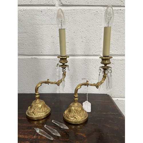 5126 - PAIR OF BRASS LAMPS WITH CUT GLASS DROPS