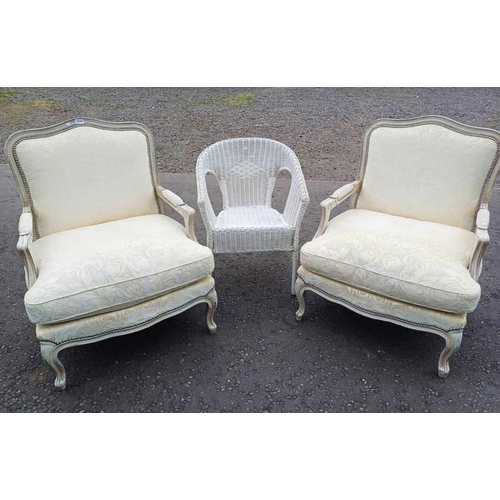 5128 - PAIR OF CONTINENTAL STYLE OPEN ARMCHAIRS ON SHAPED SUPPORTS & WICKER ARMCHAIR