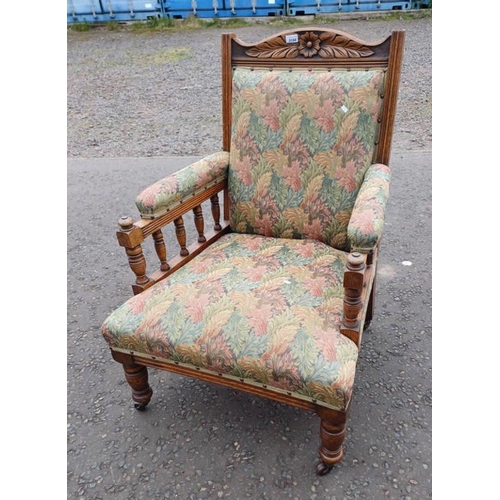 5144 - LATE 19TH CENTURY OAK FRAMED GENTLEMEN'S ARMCHAIR ON TURNED SUPPORTS