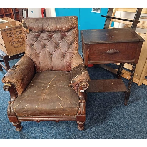5147 - 19TH CENTURY MAHOGANY FRAMED BUTTON BACK LIBRARY ARMCHAIR ON TURNED SUPPORTS & OAK TABLE WITH LIFT-L... 