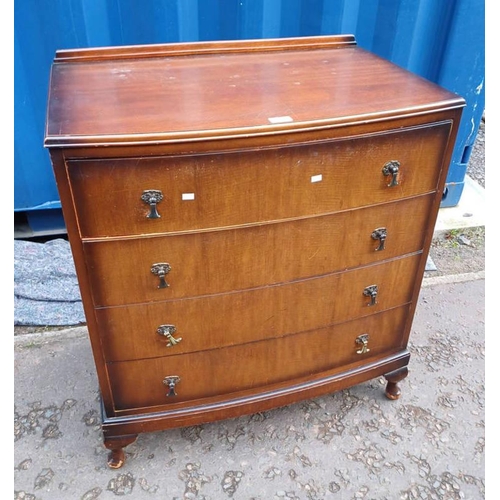 5188 - 20TH CENTURY MAHOGANY CHEST OF 4 DRAWERS ON SHORT QUEEN ANNE SUPPORTS.  88 CM TALL X 77 CM WIDE