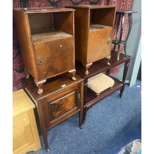 5217 - PAIR OF WALNUT BEDSIDE CABINETS & 1 OTHER WALNUT BEDSIDE CABINET, STOOL, POT STAND, ETC