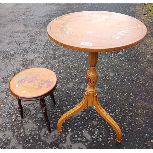 5232 - LATE 19TH / EARLY 20TH CENTURY SATIN WOOD CIRCULAR PEDESTAL TABLE WITH PAINTED FLORAL DECORATION ON ... 