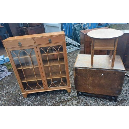 5235 - ERCOL DROP LEAF TABLE, OAK BOOKCASE WITH 2 DRAWERS OVER 2 ASTRAGAL GLASS PANEL DOORS LABELLED WYLIE ... 