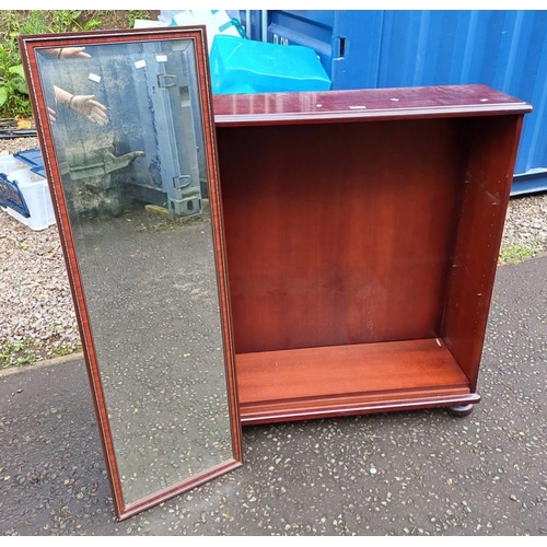 5246 - MAHOGANY BOOKCASE WITH SHELVES & LENGTH 91 CMS & RECTANGULAR MIRROR 37 X 121 CMS