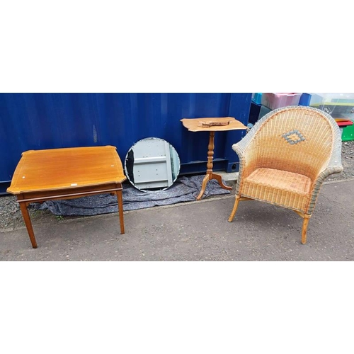 5284 - INLAID MAHOGANY COFFEE TABLE BY THOMAS JUSTICE & SONS LTD, DUNDEE, WICKER ARMCHAIR ETC.