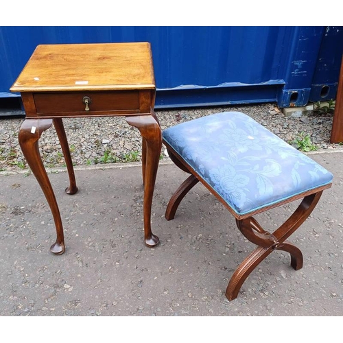 5292 - MAHOGANY OCCASIONAL TABLE WITH SINGLE DRAWER ON QUEEN ANNE SUPPORTS & MAHOGANY X-FRAME STOOL