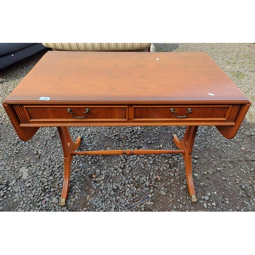 5294 - YEW SOFA TABLE WITH 2 DROP LEAVES & 2 DRAWERS ON SPREADING SUPPORTS.  HEIGHT 75 CMS