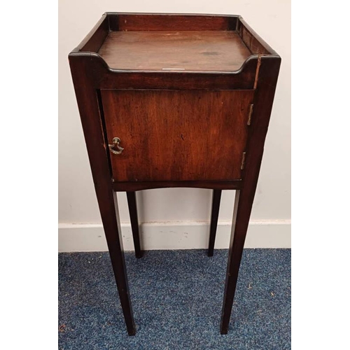 5301 - LATE 19TH CENTURY MAHOGANY SINGLE DOOR BEDSIDE CABINET WITH 3/4 GALLERY TOP ON SQUARE TAPERED SUPPOR... 