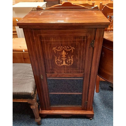 5311 - EARLY 20TH CENTURY INLAID ROSEWOOD MUSIC CABINET WITH BRASS RAIL BACK & SINGLE PANEL DOOR OPENING TO... 