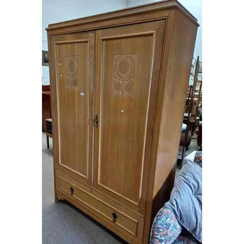 5326 - OAK 2 DOOR OVER 1 DRAWER WARDROBE MADE BY WYLIE & LOCHHEAD LTD, GLASGOW, WIDTH 121CM X HEIGHT 192CM