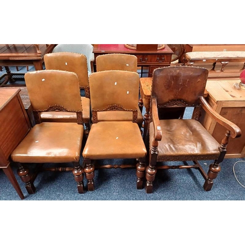 5333 - SET OF 5 EARLY 20TH CENTURY OAK CHAIRS WITH PADDED LEATHER BACKS & SEATS INCLUDING 1 ARMCHAIR ON BAL... 