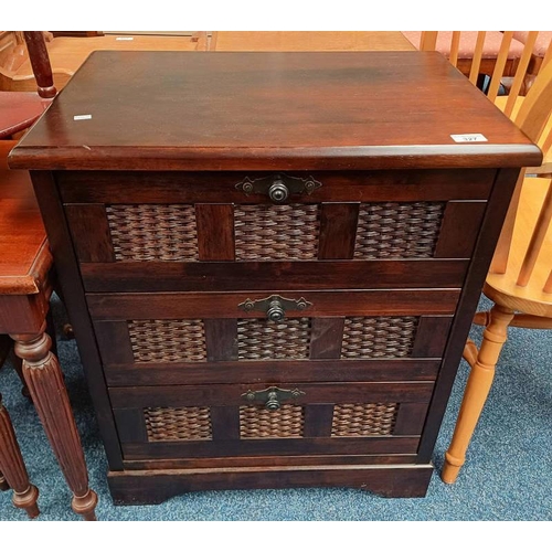 5353 - HARDWOOD SMALL CHEST OF 3 DRAWERS WITH WICKER INSETS