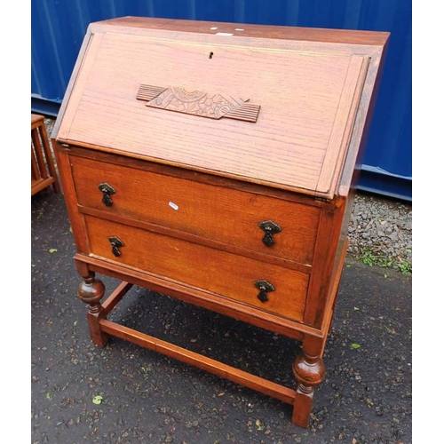 5440 - OAK BUREAU WITH FALL FRONT OVER 2 DRAWERS ON BALUSTER SUPPORTS.  99 CM ALL X 73 CM WIDE