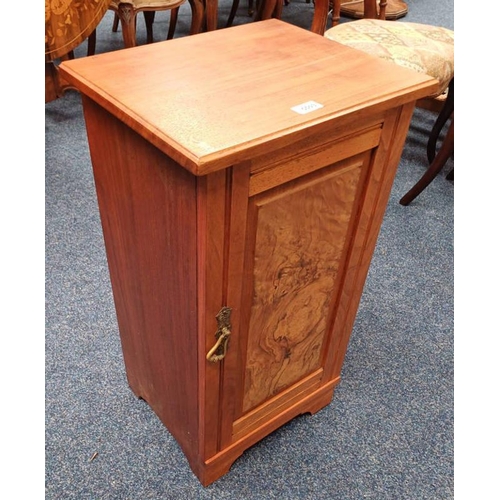 5503 - EARLY 20TH CENTURY MAHOGANY CABINET WITH WALNUT PANEL DOOR OPENING TO SHELVED INTERIOR, HEIGHT 74CM