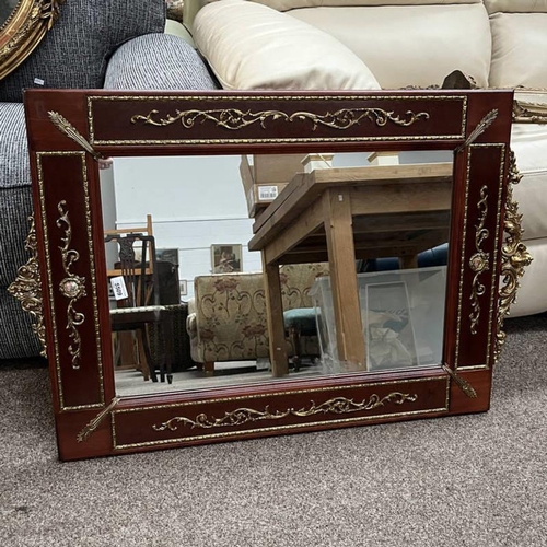 5509 - ARTS & CRAFT STYLE MAHOGANY FRAMED MIRROR WITH DECORATIVE GILT METAL MOUNTS, SIZE OF GLASS 65 X 42 C... 